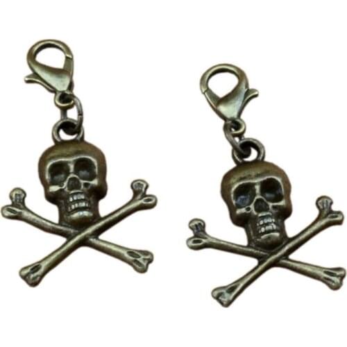 20Pcs/lots Antique Bronze Pirate Skull alloy Charms Bead with Lobster clasp Fit Charm Bracelet DIY Jewelry 21x38mm A-335b