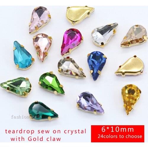 20p 6x10mm color Tear Drop sew on faceted glass crystal rhinestone jewels gold claw Wedding Dress Button headdress DIY Gem craft