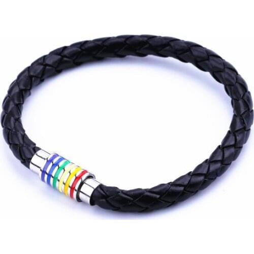 30PCS Imitation Leather Rainbow StainlessSteel Magnet Buckle Pride Bracelet With Stainless Steel Accessories Male Jewlery
