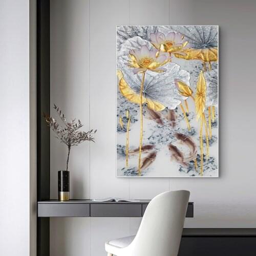 Abstract Lotus leaf Goldfish Canvas Paintings Wall Art Gold leaf Prints Poster Living Room Decorative Paintings Wall Home Decor