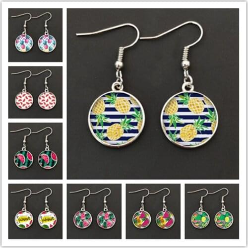 Watermelon fruit pineapple pattern round glass cabochon earrings, jewelry earrings for girls who like fruits
