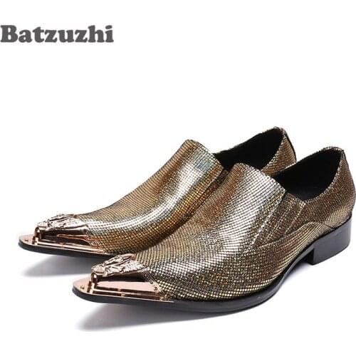 Batzuzhi Handmade Erkek Ayakkabi Men Shoes Brown Glitter Pointed Toe Genine Leather Dress Shoes Men Business, Party! Size 38-46