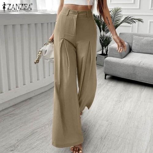 ZANZEA Women Summer Loose Trousers Casual High Waist Wide Leg Pants Autumn Solid Long Flare Pantalon Elegant Office Work Palazzo