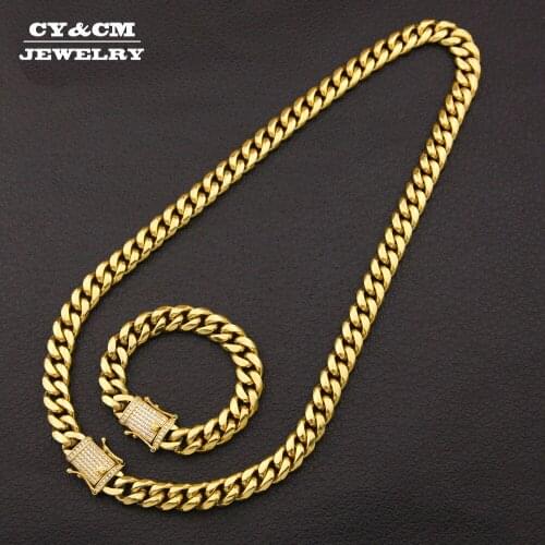 CY&CM 10mm12mm14mm Men Curb Cuban Chain Jewelry Set Stainless Steel Iced Out Crystal CZ Zirconia Hiphop Necklace 30" bracelet 8"