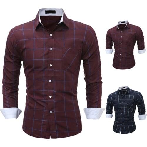 Mens Shirt Long Sleeve Turn Down Collar Contrast Plaid Single-Breasted Cardigan Shirt Casual Patchwork Slim Type Tops