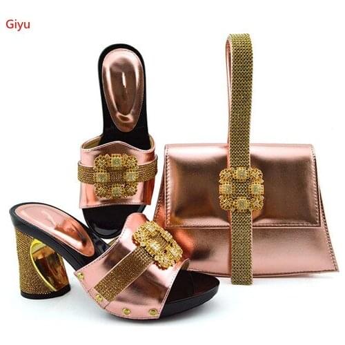 Doershow peach Color African Shoes And Bag Set Decorated With Rhinestone Nigerian Women Wedding Shoes And Bag Set SKP1-5