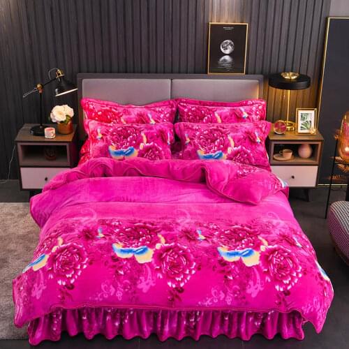 Double-Sided Flannel Rose Flower Sea Bedding Set Young Adult Winter Duvet Cover With Skirt Sheet Pillowcase Twin Full Queen Size