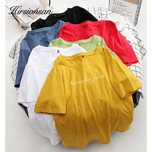 Hirsionsan T Shirt Women Soft Chic Tees Letter Harajuku Jumper 100% Cotton Clothes Oversized Casual Pullover New 7 Colors Tops
