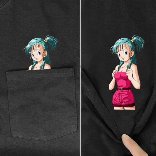 Cotton Pocket T-Shirt Fashion Brand Summer Pocket Anime girl Printed T-shirt Funny Cotton Tee Tops Drop Shipping