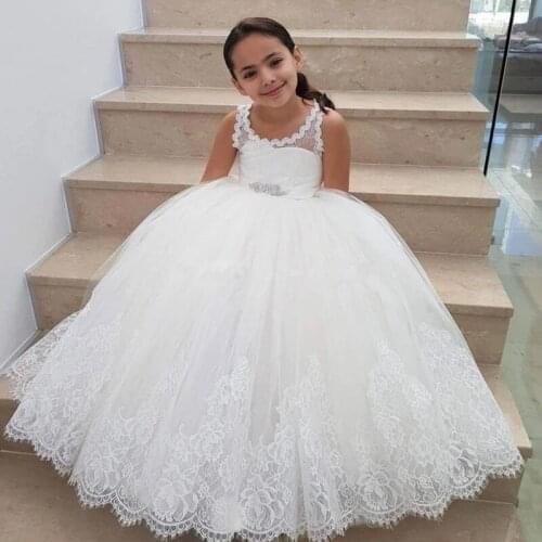 White ivory Flower Girls Dress Lace Appliques Tulle Floor Length Backless First Communion fluffy party Dresses