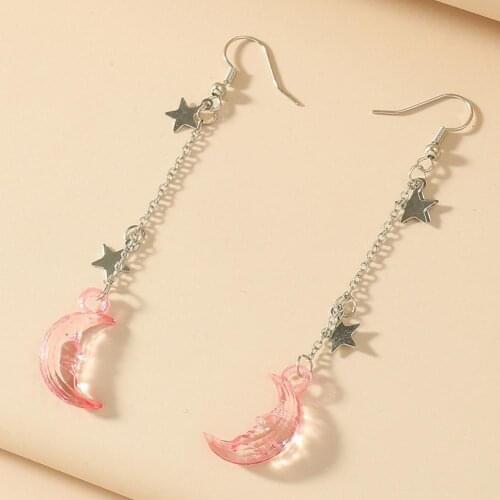 Cute Long Tassel Moon Star Dangle Drop Earrings Pink Color Acrylic Earrings Aesthetics Jewelry Party Gift Summer New Fashion