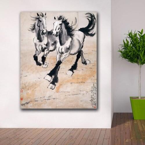 Wall Art Xu Beihongs double horse Ink Painting For Living Room Home Decor Oil Painting on Canvas Wall Painting Unframed