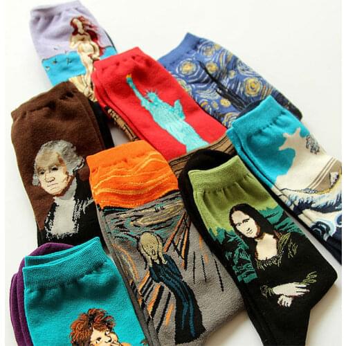Novelty Famous Oil Painting Art Socks Womens Mens Street Graffiti Van Gogh Mona Lisa Long Sock Winter Autumn Cotton Socks
