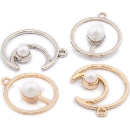 New Round White Acrylic Pearl Decorated Silver Gold Tone Alloy DIY Jewelry Charms Hollow Out Cute Cricle Moon Pendants 40pcs