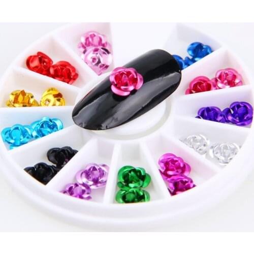New Design 3D Metal Aluminum Rose Flower 24 pcs/wheel 12 Colors Mixed Nail Art Decoration DIY Beauty Nail Art Decorations