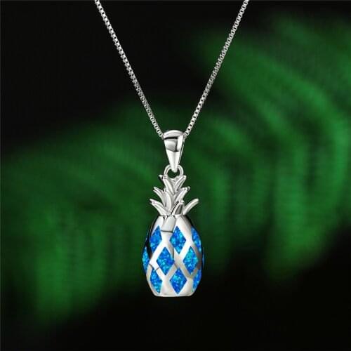 Cute Female Blue Opal Pendant Necklace Classic Silver Color Chain Necklaces For Women Luxury Fruit Pineapple Wedding Necklace