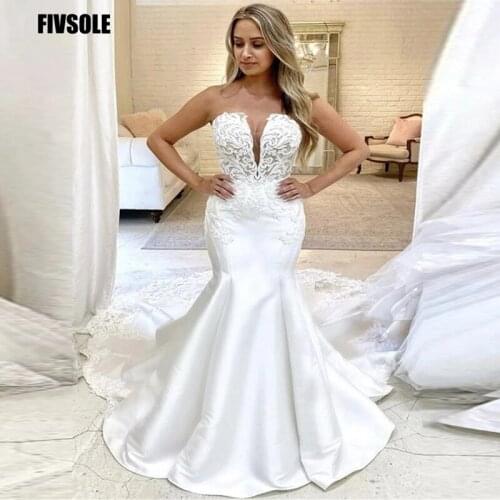 Fivsole Sexy Wedding Dresses Mermaid Strapless V-neck Satin Appliques 2021 New Design Vintage Simple Bride Gowns Custom Made