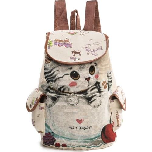 Lovely Cat print Backpack for Women Canvas Backpack Drawstring large capacity packs For Teenage Girls Large Capacity School Bag