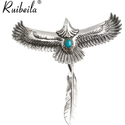 Ruibeila925 sterling silver retro turquoise animal Flying Eagle Feather Pendant pendant exaggerated punk jewelry animal necklace
