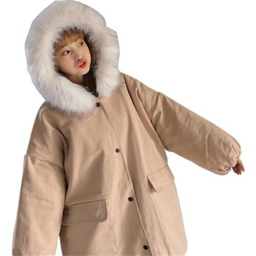 Loose fur collar middle length cotton padded jacket 2020 new women parka solid long sleeve hooded thick warm winter jacket W82