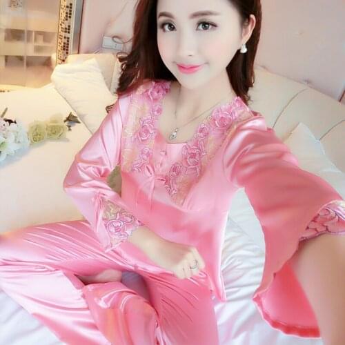Xiangfee 2020 spring and autumn pajamas womens long-sleeved pajamas short-sleeved ladies silk lace home service suit