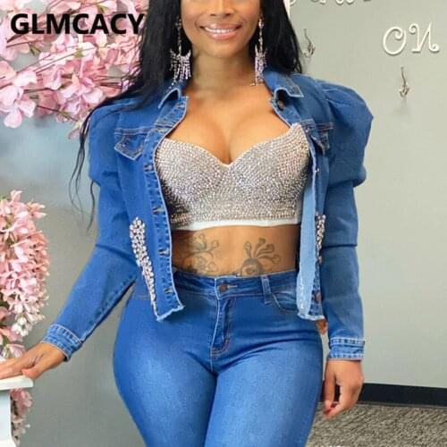 Women Long Sleeve Diamond Embellished Denim Jacket Top