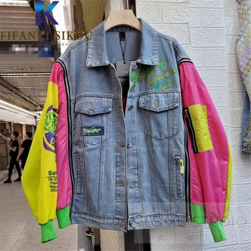 Patchwork Denim Jackets Women Pocket Zipper Fashion Print Spliced Jeans Jacket Streetwear Loose Jeans Coat Female