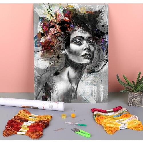 Woman Portrait Printed Fabric 11CT Cross-Stitch Embroidery Set DMC Threads Hobby Craft Needlework Painting Sales Counted