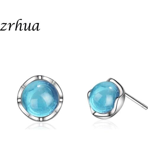 ZRHUA Genuine Silver Color Round Clear Blue Crystal Stud Earrings Silver for Women Fashion Ear Jewelry Christmas Gifts