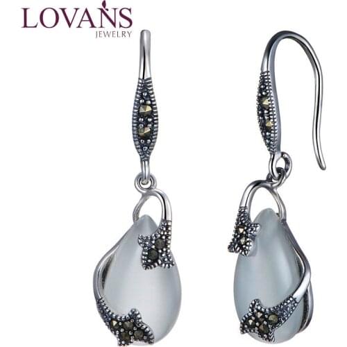 LOVANS Authentic 925 Silver Women Dangle Drop Earrings Water Drop Shape Crystal Jade Jewelry for Wedding
