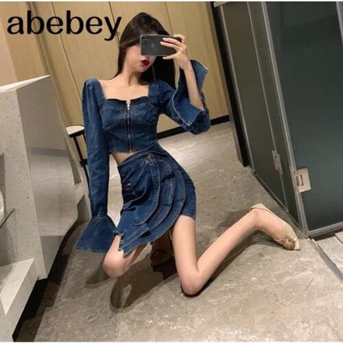 2021 Autumn Winter Vintage Long Sleeve Square Collar Short Denim Top Irregular Mini Skirt Two Piece Set Women