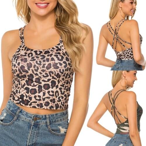 2020 Summer Women Fitted Ribbed Cropped Spaghetti Strap Tank Top In Leopard Print Crop Camis With Frill Trimming