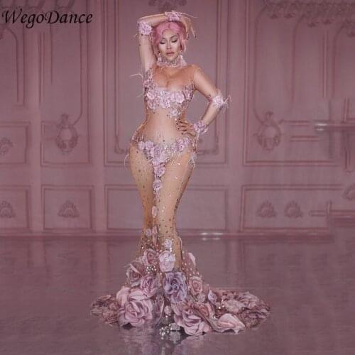 New Pink Flowers See Through Long Dress 3D Pattern Mesh Stretch Birthday Party Dress Women Singer Performance Costume