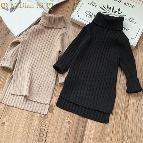 Toddler Kids Baby Girls Autumn Winter Sweater Dress High Collar Long Sleeve Solid Colour Cotton Party Casual Dress Top Clothes