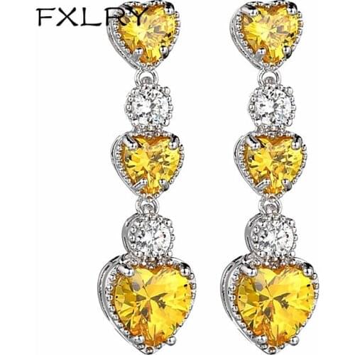 FXLRY Long Heart Pendant Earring Three Colors Cubic Zircon Jewelry Engagement Wedding CZ Crystal Clear Red Earrings