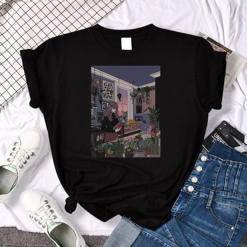 Dusk Beautiful House Print T Shirt Womens Loose Oversized T-Shirt Brand Breathable tee-Clothing Fashion Casual Women T-Shirts