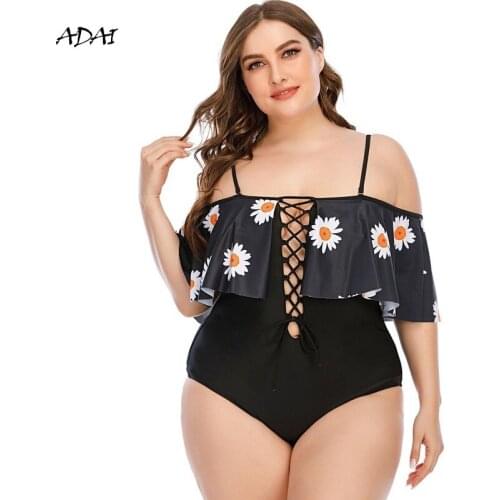 Black One Piece Swimsuit Plus Size Cross Strap Sexy Off Shoulder Ruffle Bikini Women Print Swimwear Sport Bodysuit Bathing Suits