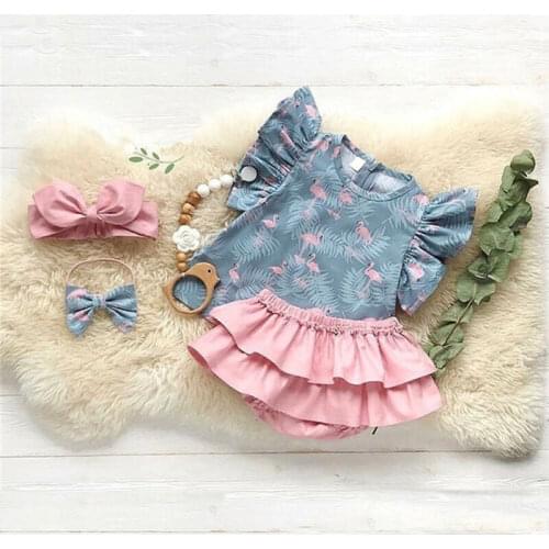 Summer Fashion 3PCS Toddler Newborn Baby Girl Clothes Short Sleeve Flower Tops Ruffle Shorts Headband Outfits Clothes 0-24M