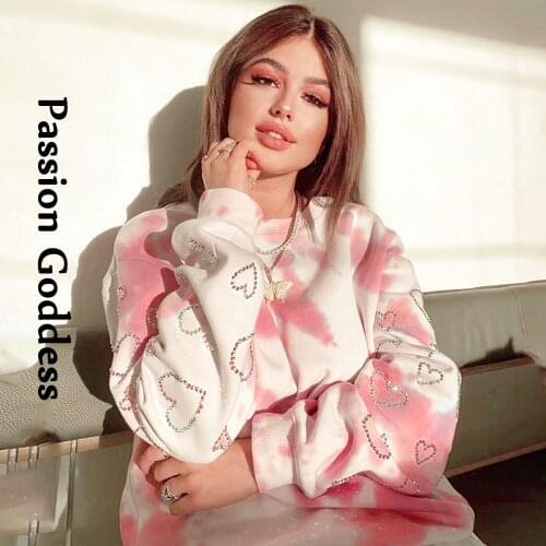 Cute Women Heart-shaped Hot Diamond Sweatshirts Long Sleeve Oversized Pink Pullover Casual Hoody Warm Fleece Crewneck Sweatshirt