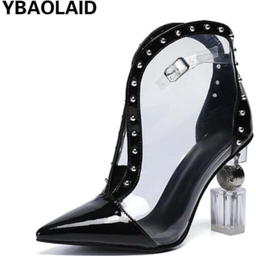 Fashion New Pointed Special-shaped High-heeled Sandals with Rivets Transparent Solid Color Sexy Female High-heeled Sandals
