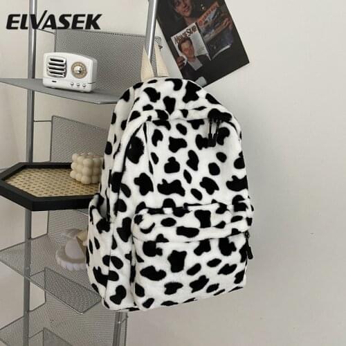 2021 New Winter Women Warm Plush Backpack Teenager Girls School Bag Fashion Cow Print Backpacks Female Multi-Pockets Travel Bag