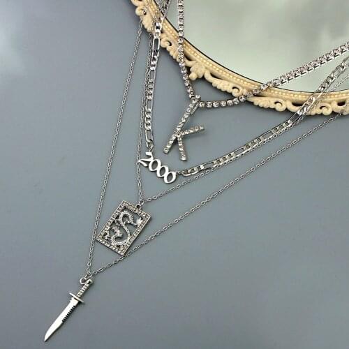 Flatfoosie Silver Color Multi Layer Dragon Knife Pendant Necklaces Women Rhinestone Letter Tennis Chain Necklace Hip Hop Jewelry