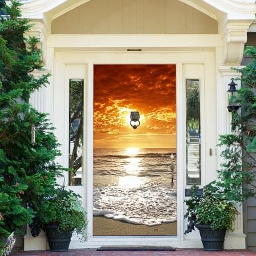 3D Sunset Seascape Door Sticker Self Adhesive Wallpaper DIY Renovation Waterproof Poster for Bedroom Bathroom 90X200Cm