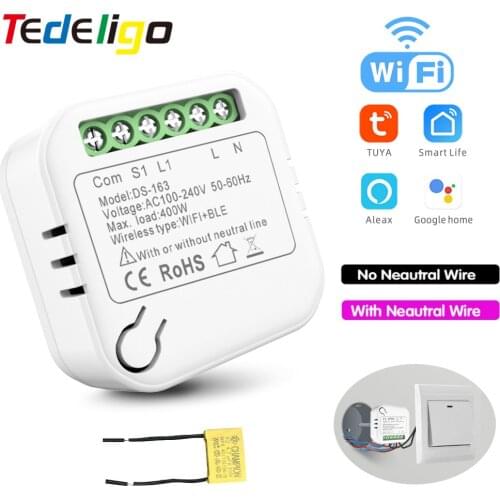 Tuya Mini Smart Wifi Switch No Neautral Wire Supports 2 Way Control Smart Home Automation Module,Works with Alexa Google Home