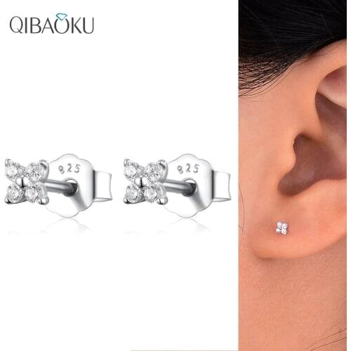 S925 Sterling Silver Stud Earrings for Women Zircon Mini Simple Fine Jewelry Flower Geometric Shape Piercing Earrings