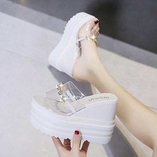 White Slipper Women 2021 Summer fashion platform sequined slippers slope heel women shoes Rhinestone Transparent Wedges Slides