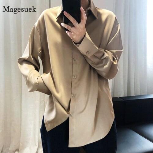 Satin 2021 New Chic Women Long Sleeve Turn Down Collar Workwear Blouses Elegant Office Ladies Solid Cardigan Shirts Female 12534