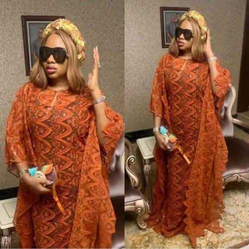 New Style Classic Design African Women Dance Dashiki Net Cloth Lace Sequins Loose Long Dress And Underdress Scarf 3pcs Free Size