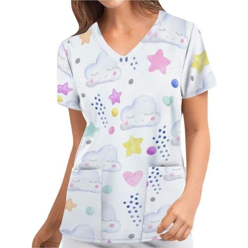 Blouses For Women Shirt Nursing Working Uniform Cartoon Pattern Tops T-shirts Short Sleeve V-neck Nurse Enfermeria Accesorios