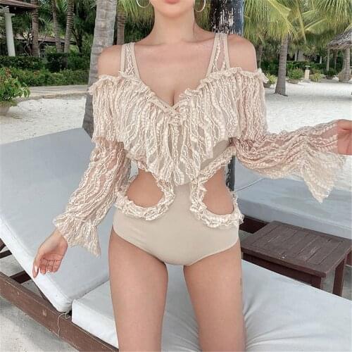 Sexy Long Sleeve One Piece Swimsuit Women Solid Swimwear Lace Monokini Off Shoulder Swim Suit Push Up Trikini Pad Bathing Suit
